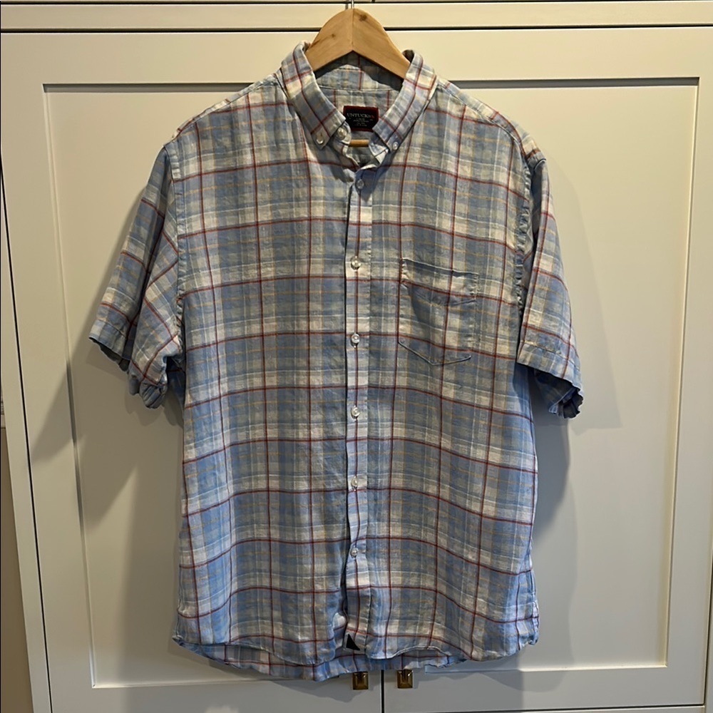 Untuckit Linen Short Sleeves Plaid Blue Regular Fit Shirt Size Large